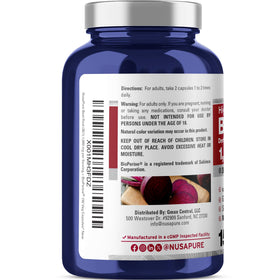 NusaPure Racine de Betterave 1000mg flacon ouvert avec capsules à l'intérieur