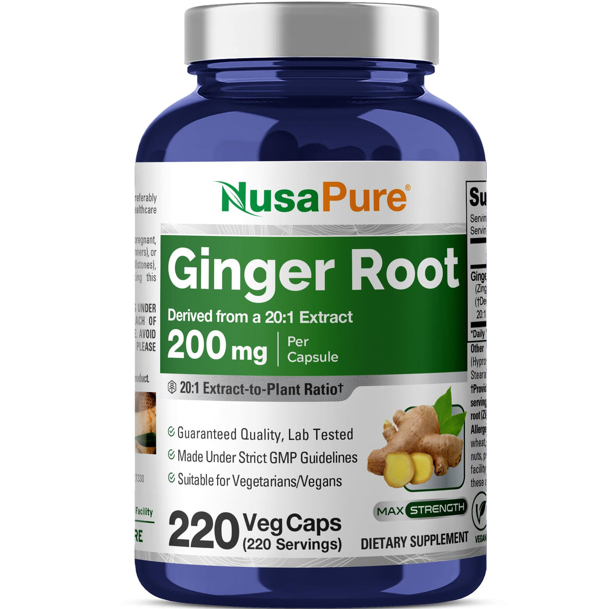 NusaPure Racine de Gingembre 200mg bouteille de 220 capsules végétales