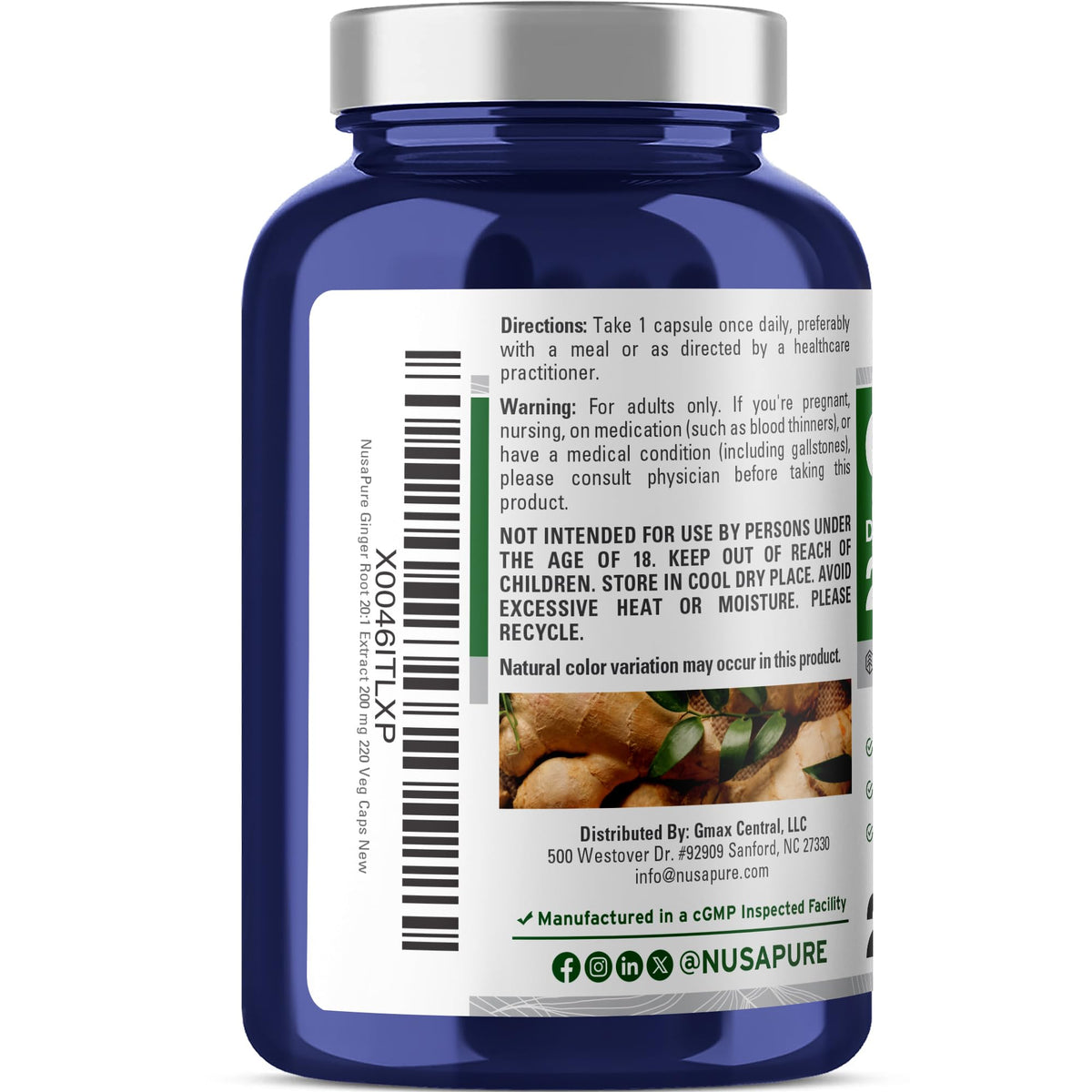 NusaPure Racine de Gingembre 200mg capsules végétales en gros plan