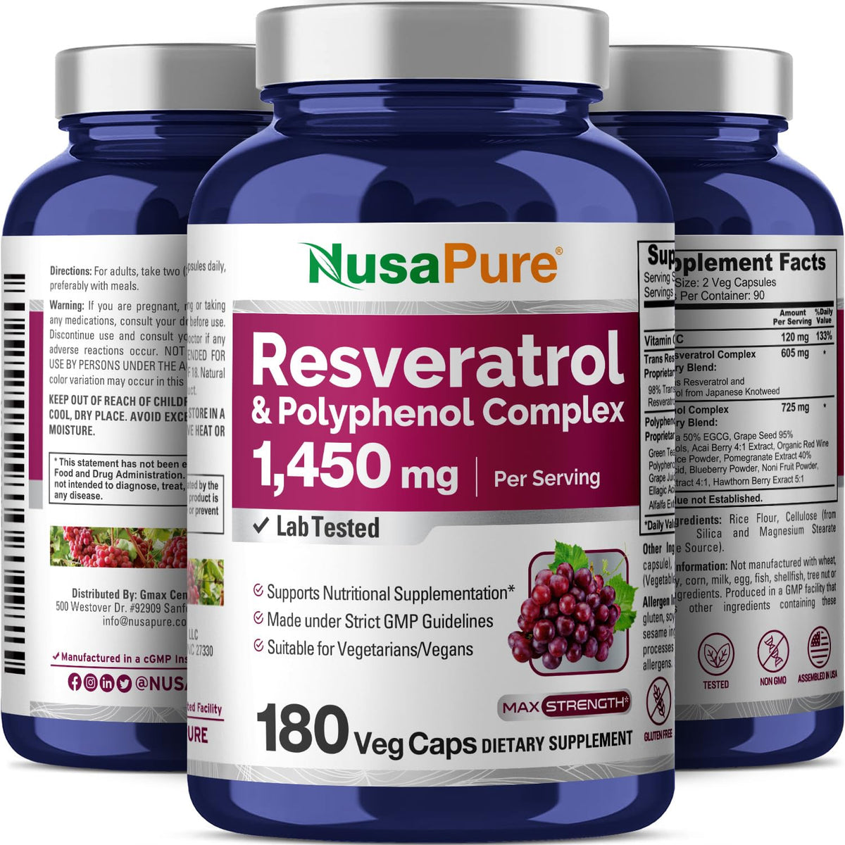 NusaPure Resvératrol 1450mg 180 capsules côté