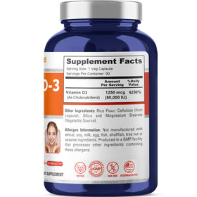 NusaPure Vitamine D3 50 000 UI sur fond blanc