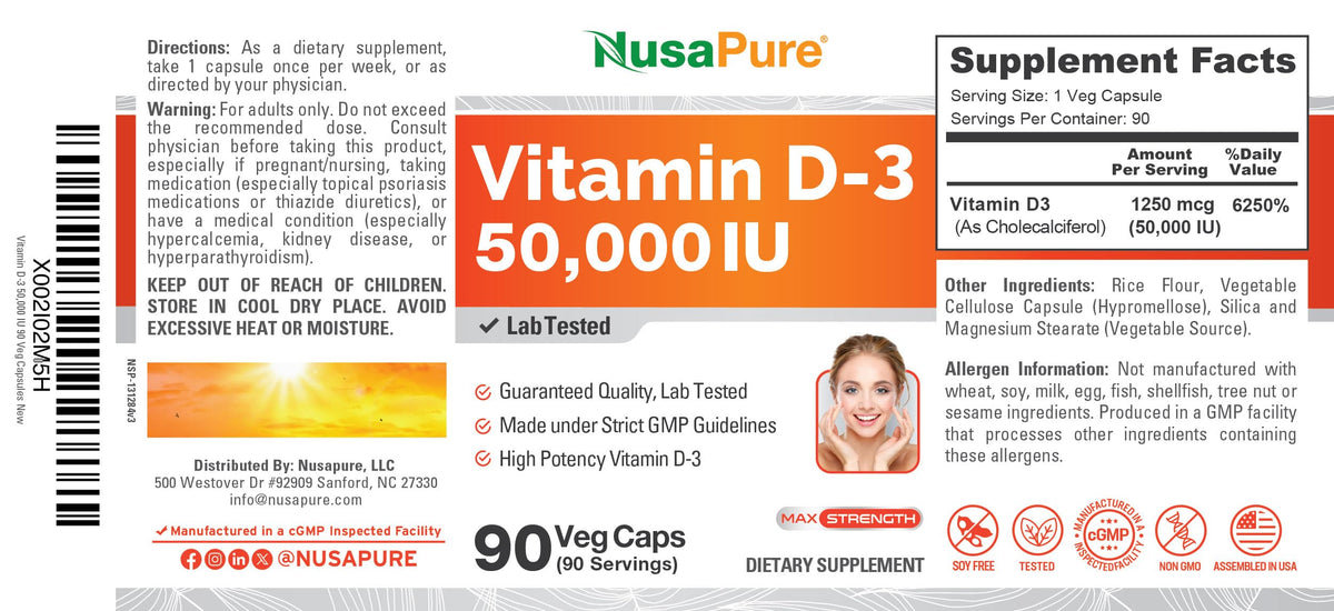 NusaPure Vitamine D3 90 capsules sur table avec lumière