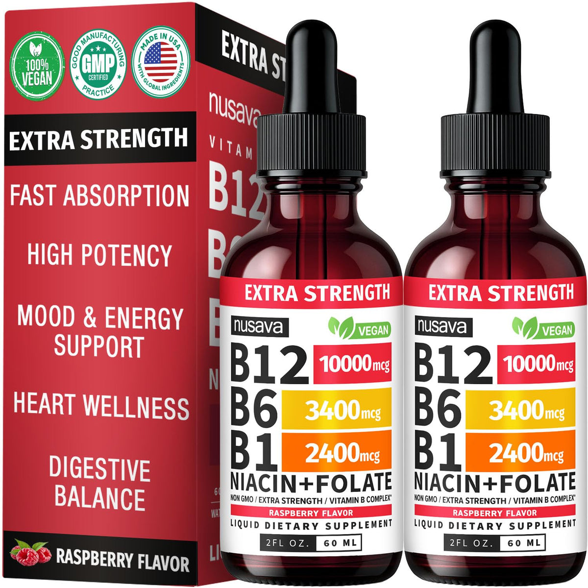NUSAVA B12 liquide 10000 mcg framboise flacon avant