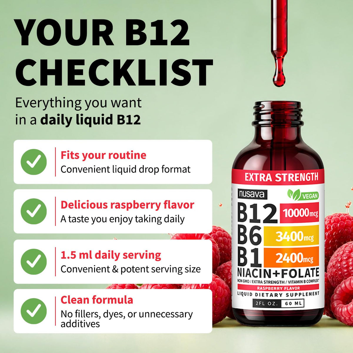 NUSAVA B12 liquide 10000 mcg framboise sur fond blanc