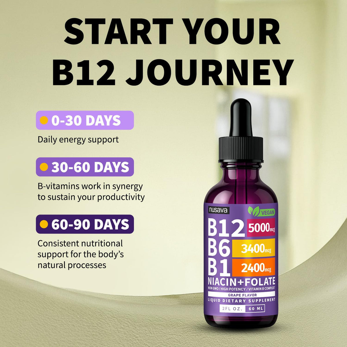 NUSAVA Gouttes de B12 Liquide 5000mcg Saveur Raisin, étiquette des ingrédients