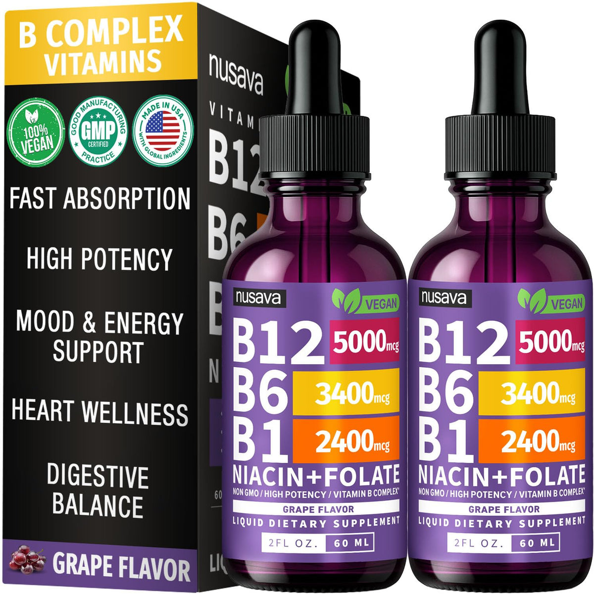 NUSAVA Gouttes de B12 Liquide 5000mcg Saveur Raisin, flacon avant