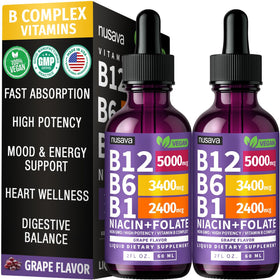 NUSAVA Gouttes de B12 Liquide 5000mcg Saveur Raisin, flacon avant