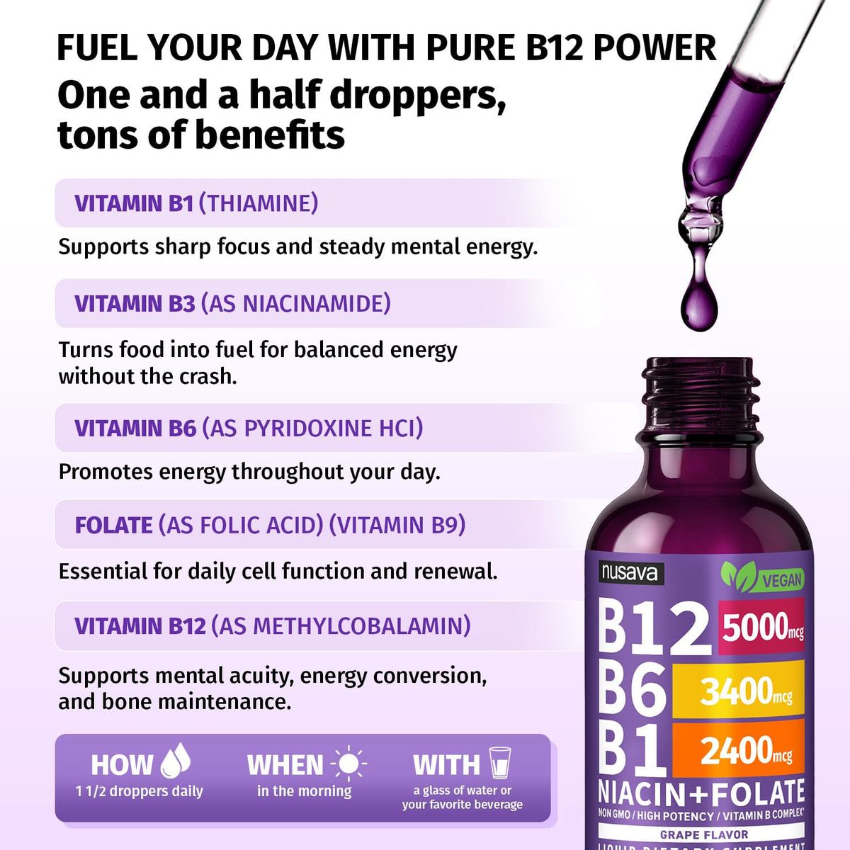 NUSAVA Gouttes de B12 Liquide 5000mcg Saveur Raisin, gouttes sous la langue