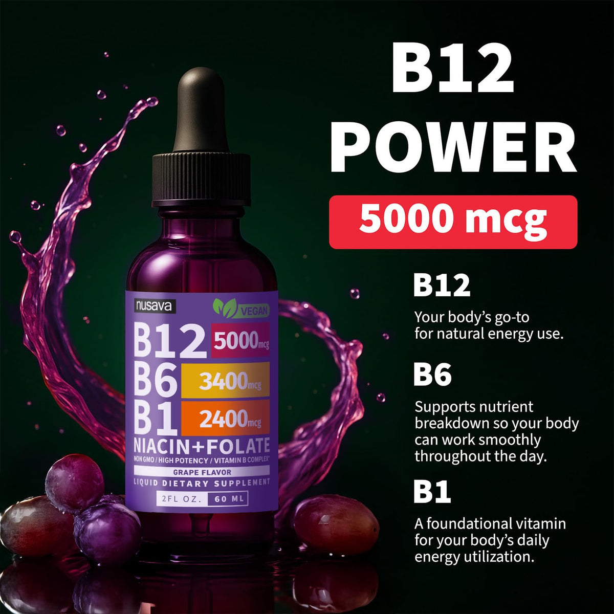 NUSAVA Gouttes de B12 Liquide 5000mcg Saveur Raisin, présentation du produit