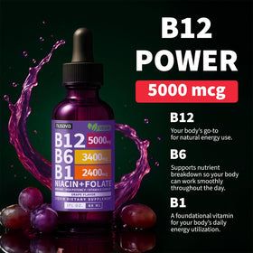 NUSAVA Gouttes de B12 Liquide 5000mcg Saveur Raisin, présentation du produit