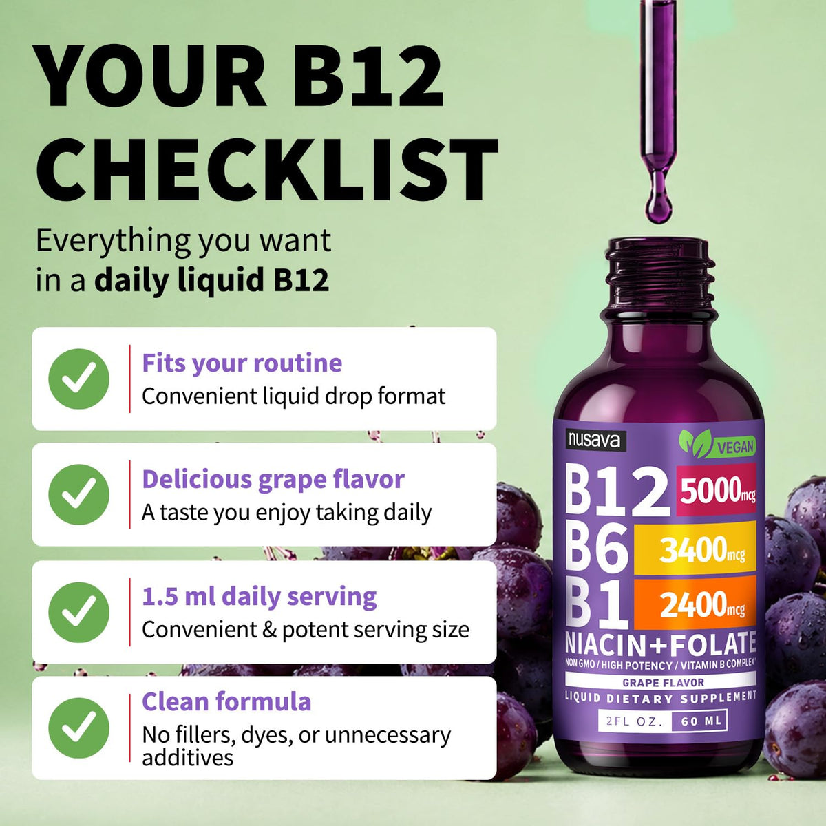 NUSAVA Gouttes de B12 Liquide 5000mcg Saveur Raisin, utilisation quotidienne