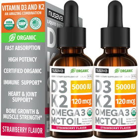 NUSAVA Gouttes de Vitamine D3 K2 5000 UI devant sur fond blanc