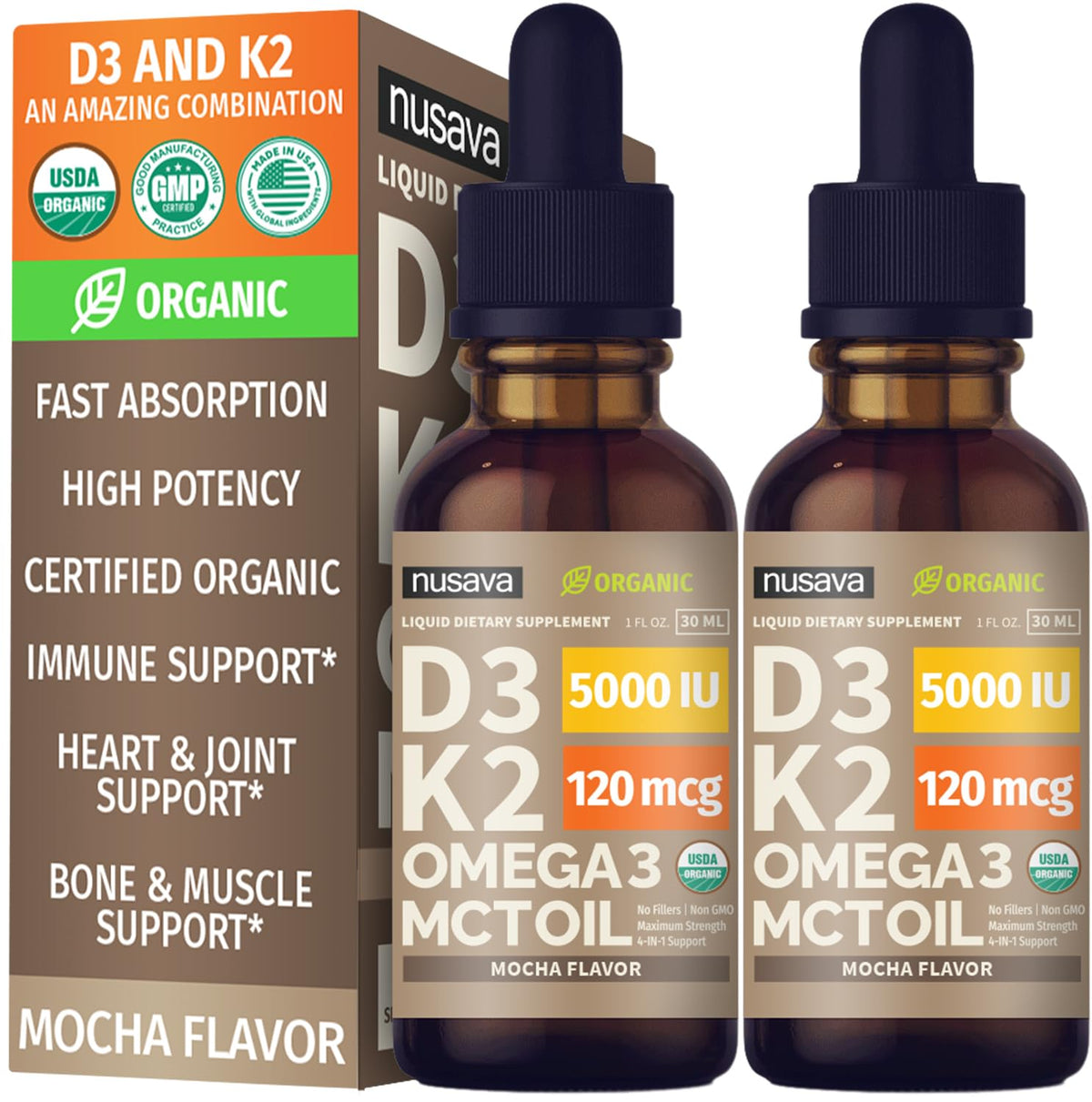 NUSAVA Gouttes de Vitamine D3 K2 Bio 125 mcg Mocha, flacon avant
