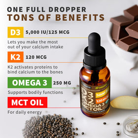 NUSAVA Gouttes de Vitamine D3 K2 Bio au Chocolat goutte au chocolat sur une cuillère