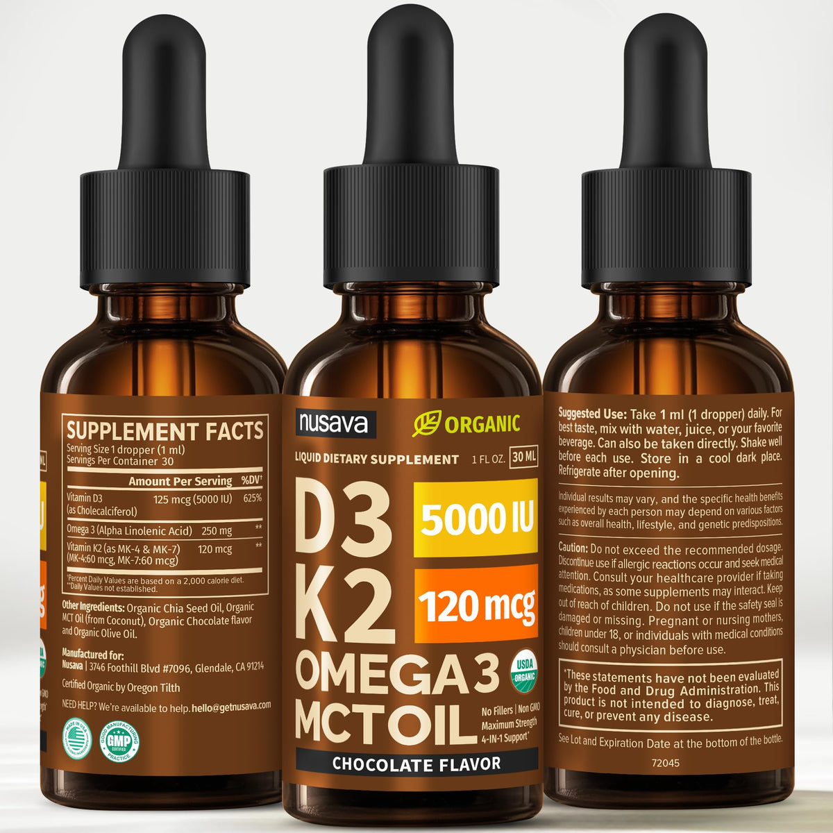NUSAVA Gouttes de Vitamine D3 K2 Bio au Chocolat goutte au chocolat sur un fond naturel