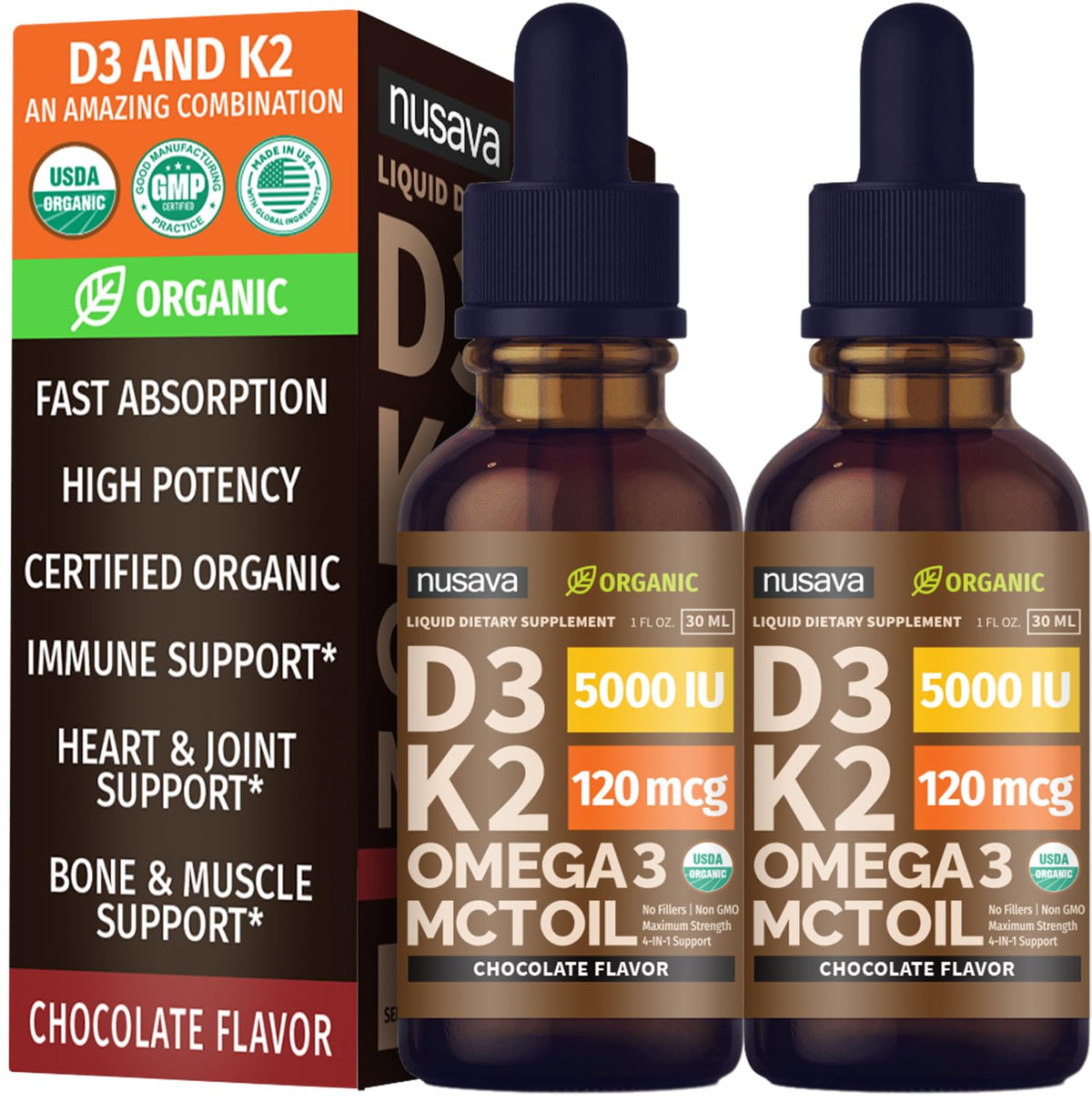 NUSAVA Gouttes de Vitamine D3 K2 Bio au Chocolat packaging avant