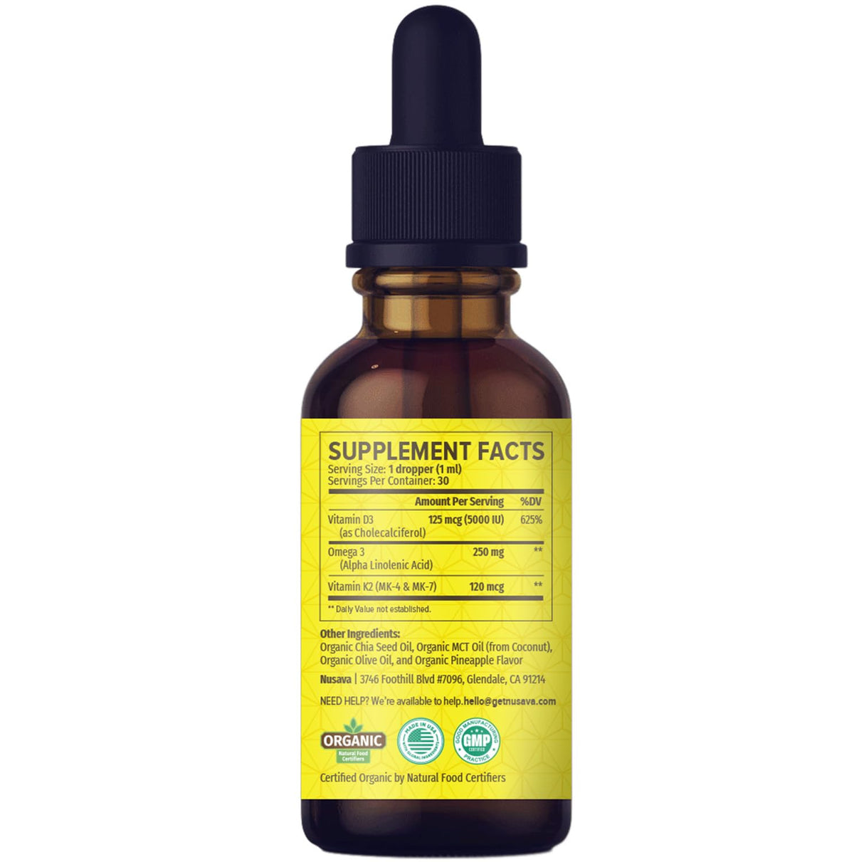 NUSAVA Gouttes de Vitamine D3 K2 Bio, étiquette en gros plan