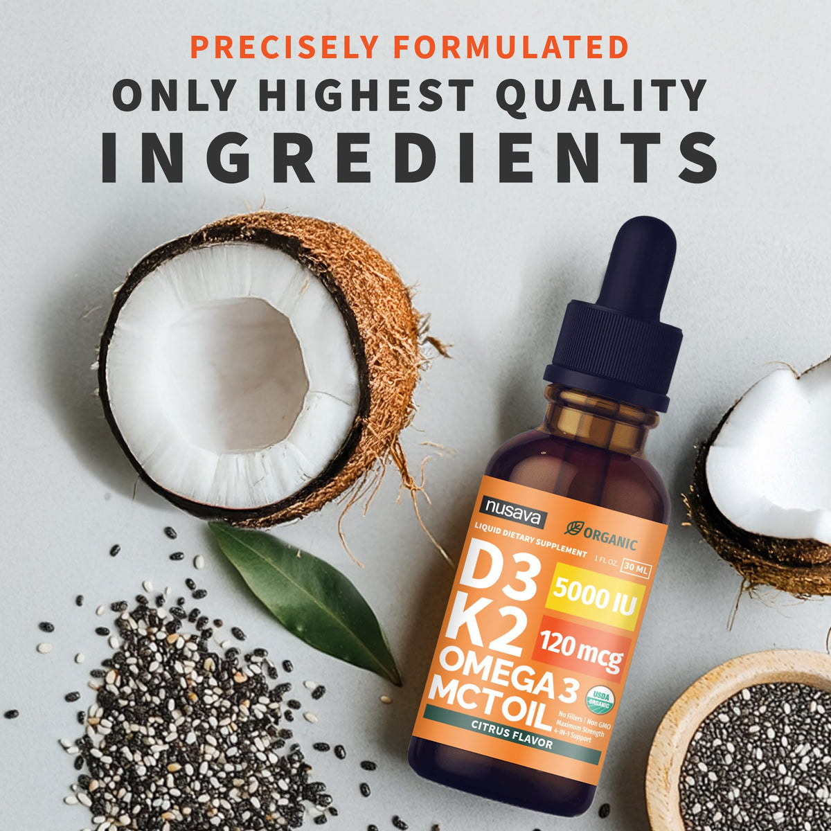 NUSAVA Gouttes de Vitamine D3 K2 Bio, étiquette zoomée sur les ingrédients