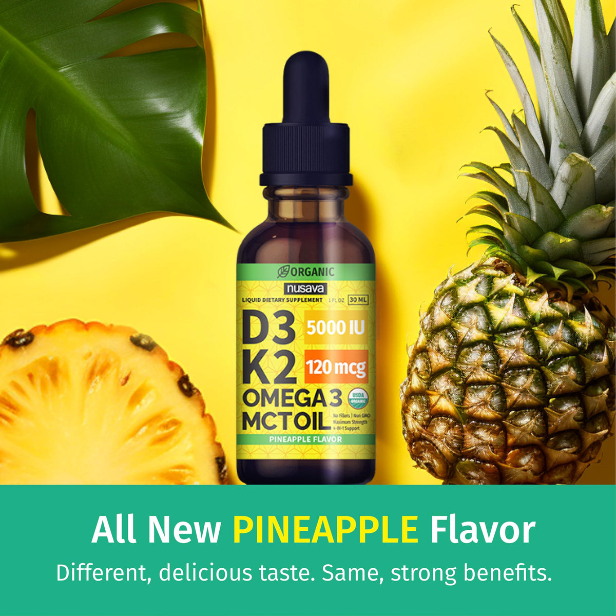NUSAVA Gouttes de Vitamine D3 K2 Bio, flacon arrière avec ingrédients