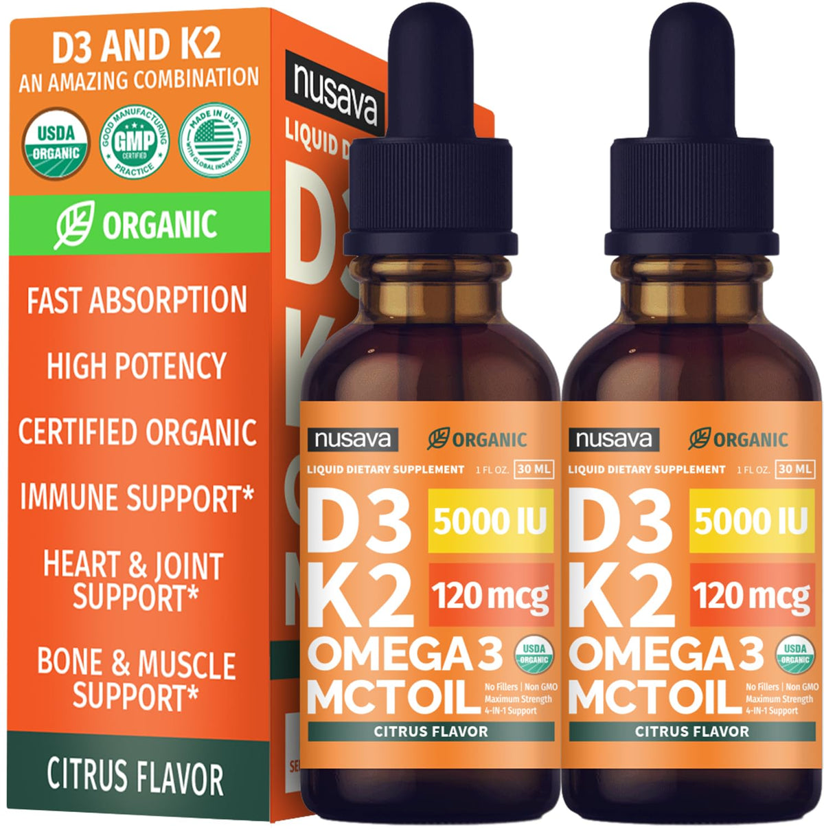 NUSAVA Gouttes de Vitamine D3 K2 Bio, flacon avant avec étiquette