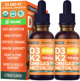 NUSAVA Gouttes de Vitamine D3 K2 Bio, flacon avant avec étiquette