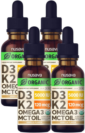 NUSAVA Gouttes de Vitamine D3 K2 Bio, flacon avant avec étiquette