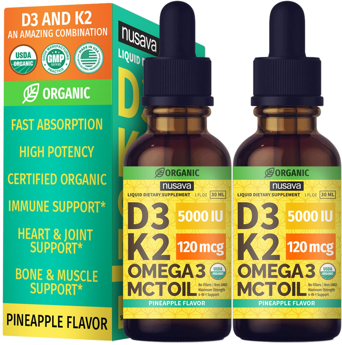 NUSAVA Gouttes de Vitamine D3 K2 Bio, flacon avant avec étiquette ananas