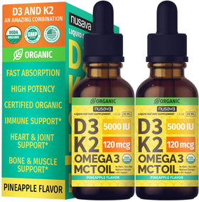 NUSAVA Gouttes de Vitamine D3 K2 Bio, flacon avant avec étiquette ananas