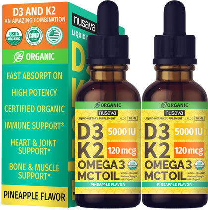 NUSAVA Gouttes de Vitamine D3 K2 Bio, flacon avant avec étiquette ananas