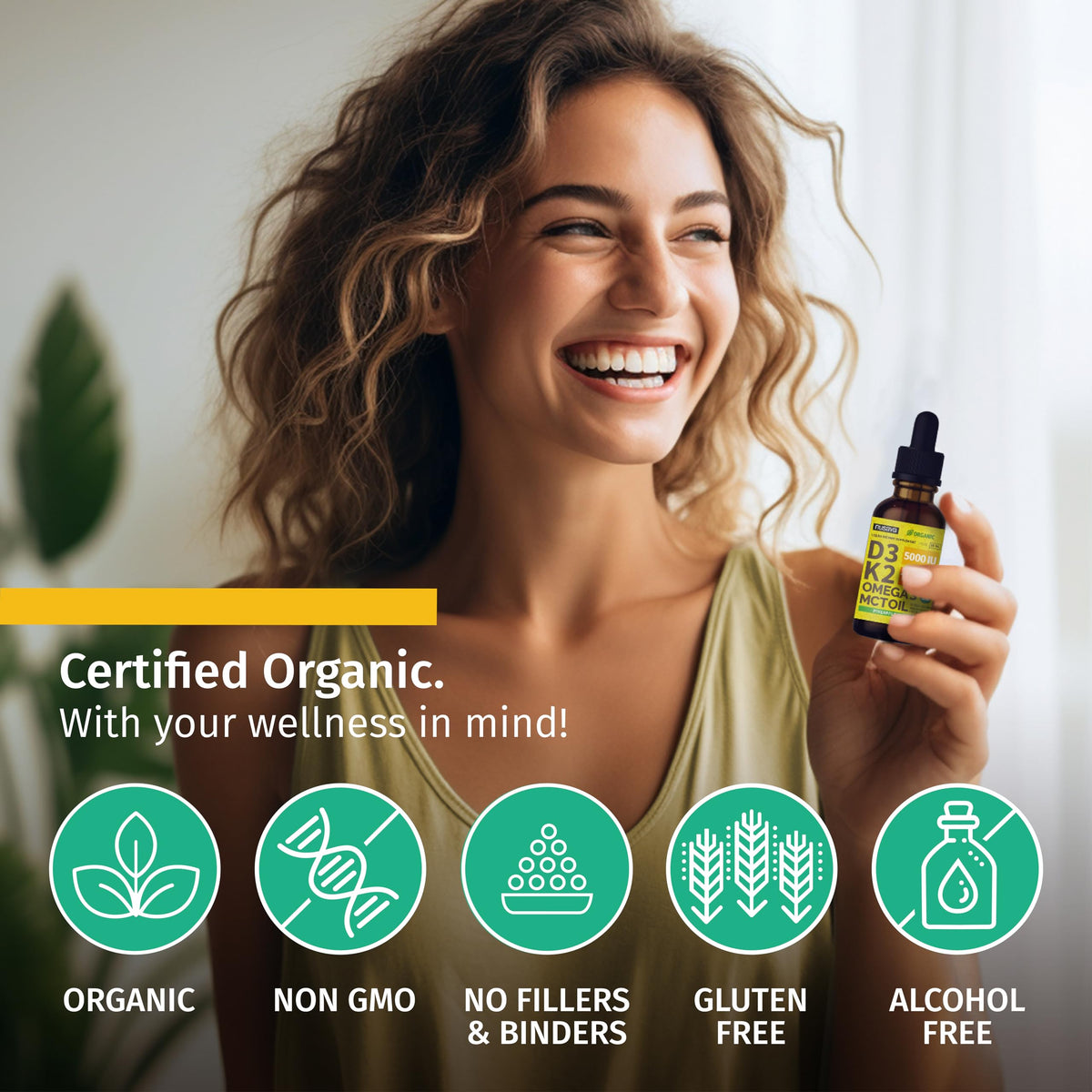 NUSAVA Gouttes de Vitamine D3 K2 Bio, flacon avec fruits en arrière-plan