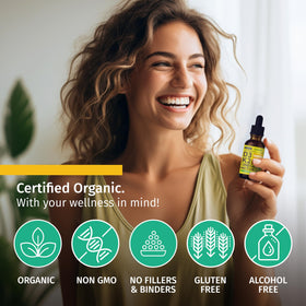 NUSAVA Gouttes de Vitamine D3 K2 Bio, flacon avec fruits en arrière-plan