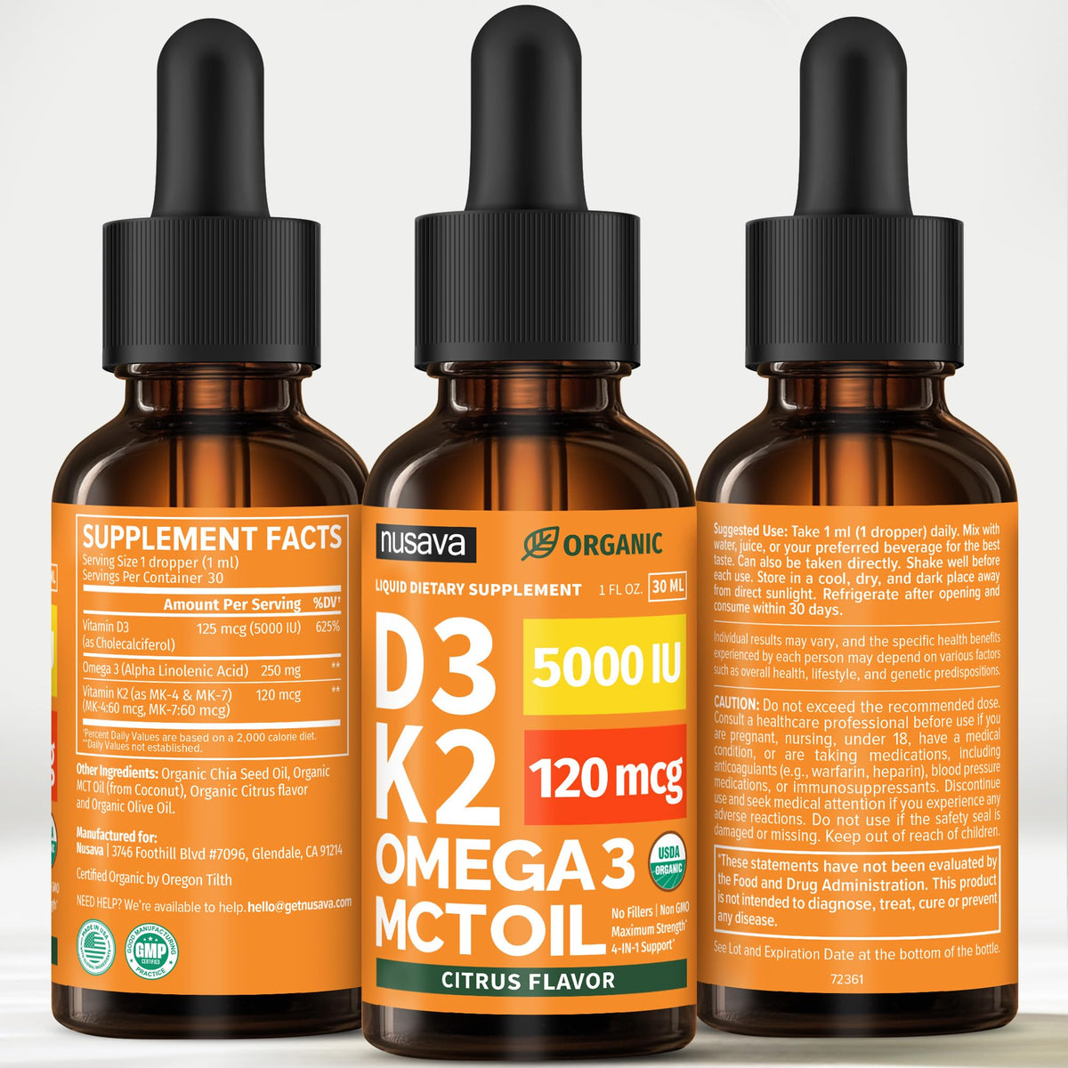 NUSAVA Gouttes de Vitamine D3 K2 Bio, flacon avec une main tenant le compte-gouttes