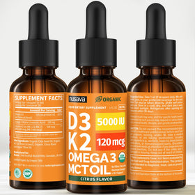 NUSAVA Gouttes de Vitamine D3 K2 Bio, flacon avec une main tenant le compte-gouttes