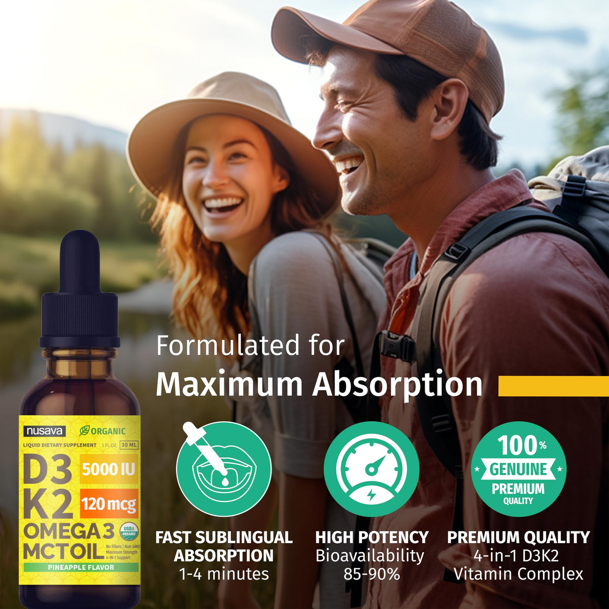 NUSAVA Gouttes de Vitamine D3 K2 Bio, flacon sur un fond blanc