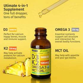 NUSAVA Gouttes de Vitamine D3 K2 Bio, flacon sur une table en bois