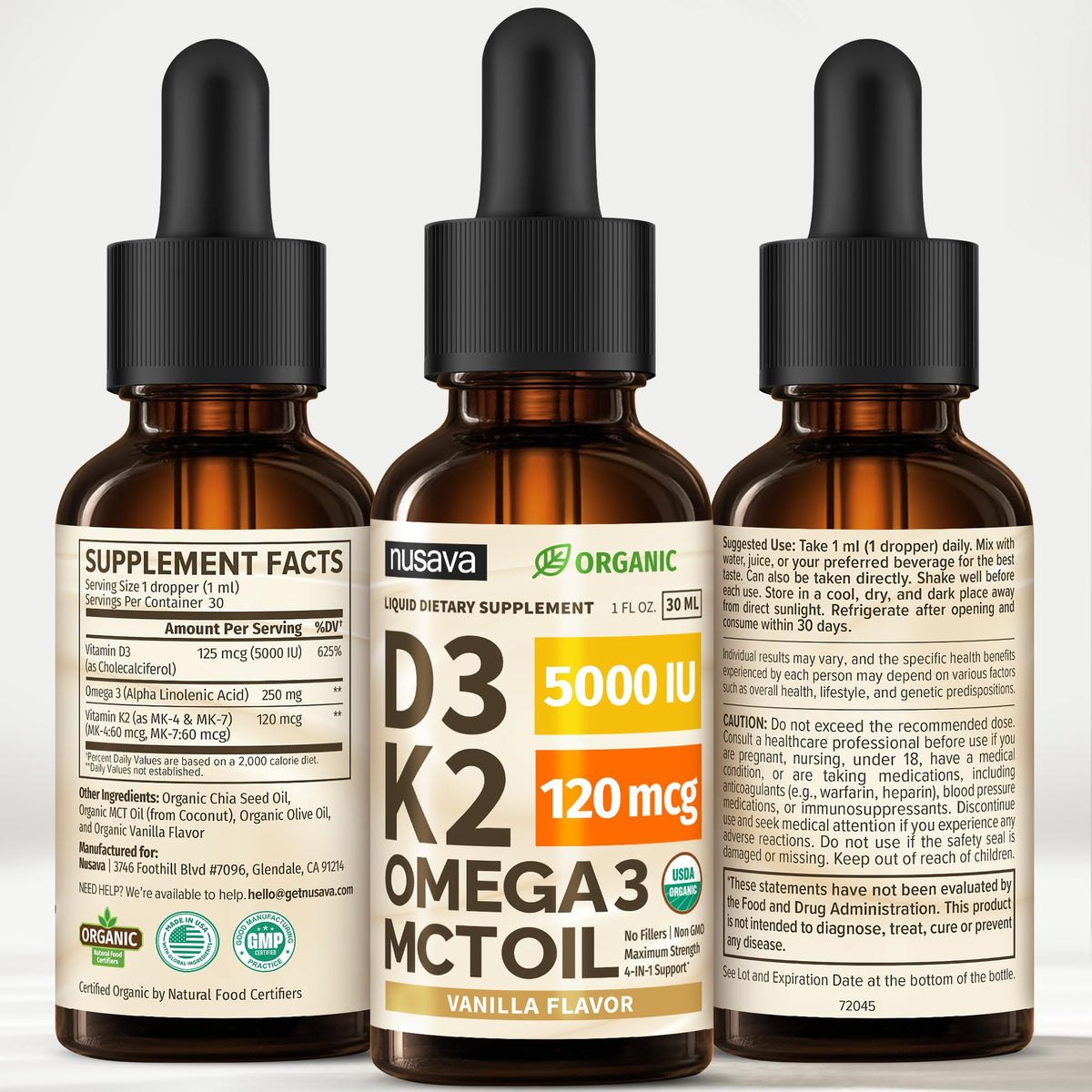 NUSAVA Gouttes de Vitamine D3 K2 Bio, flacons alignés sur une table