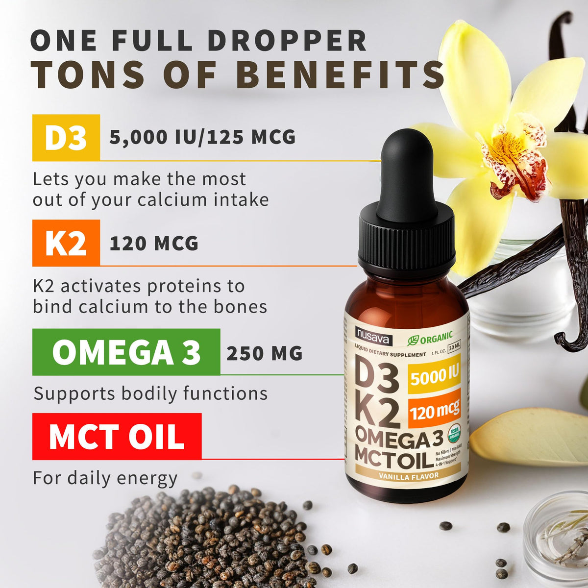 NUSAVA Gouttes de Vitamine D3 K2 Bio, goutte sur une cuillère