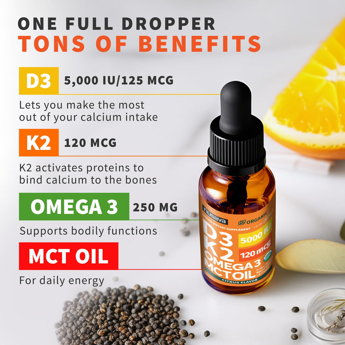 NUSAVA Gouttes de Vitamine D3 K2 Bio, gouttes sur une cuillère