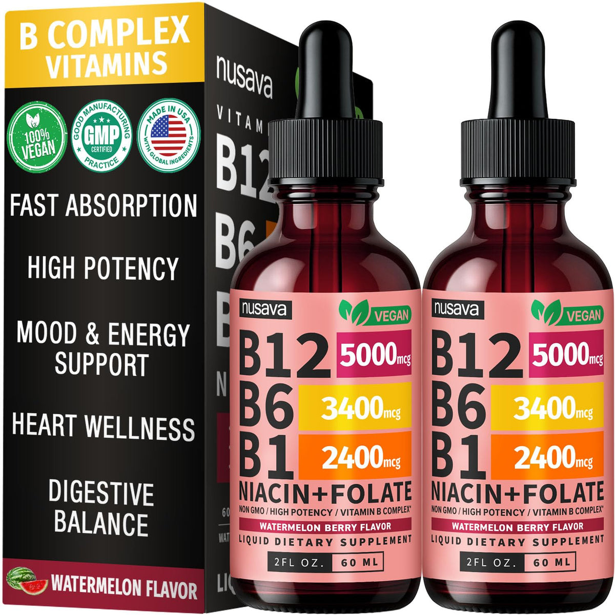 NUSAVA Gouttes Liquides B12 5000mcg, pack de 2, vue avant