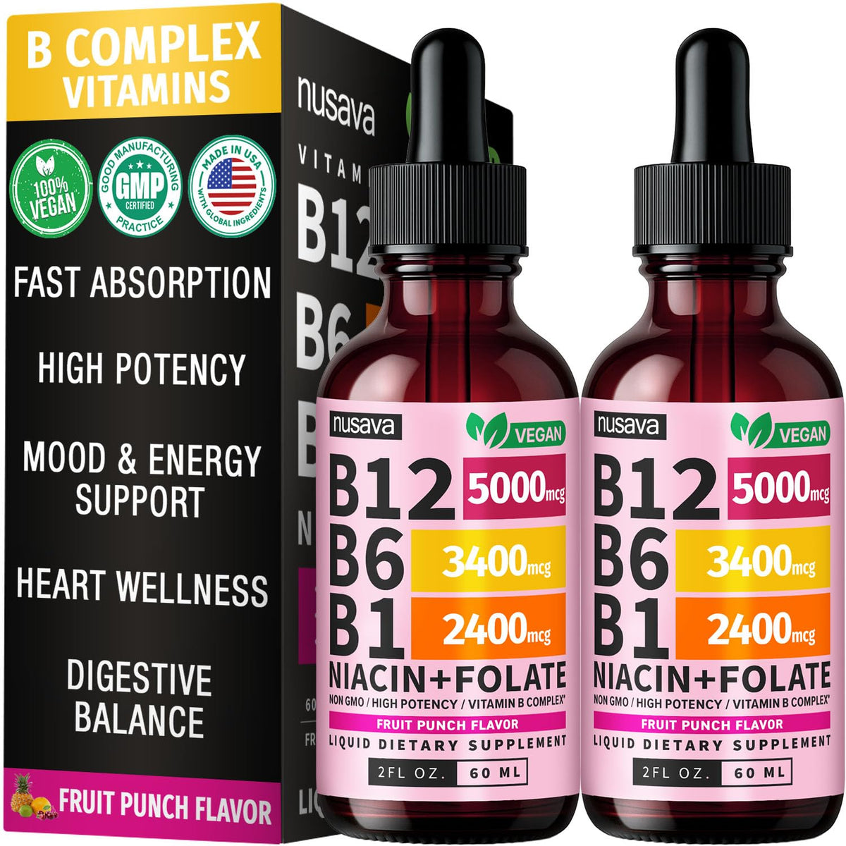 NUSAVA Gouttes Liquides B12 5000mcg Pack de 2 vue avant