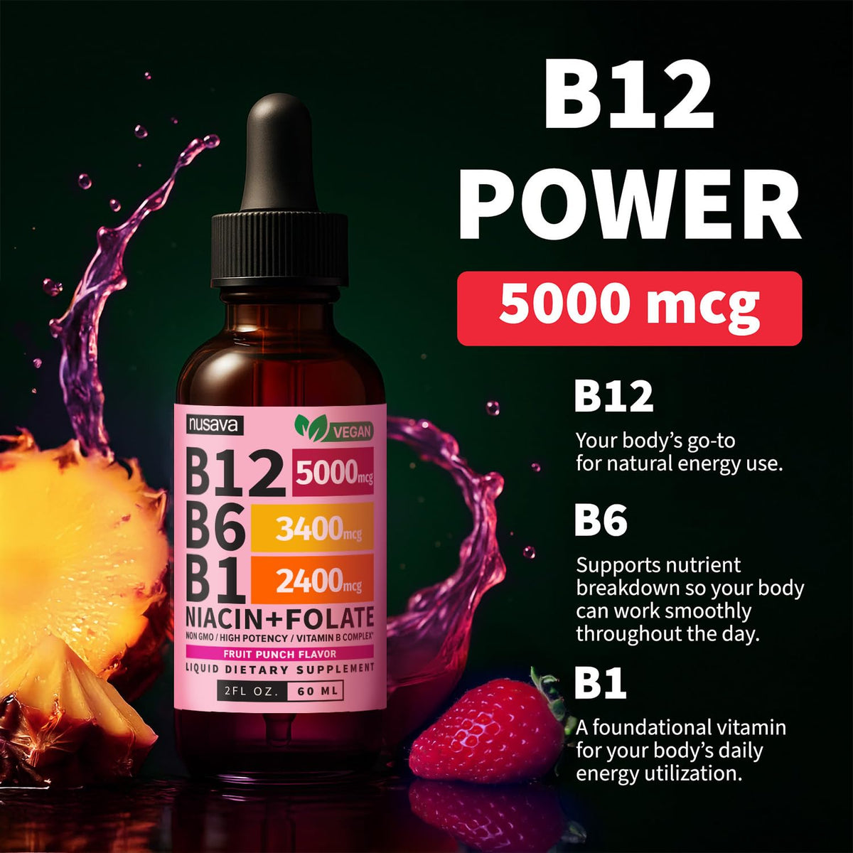 NUSAVA Gouttes Liquides B12 5000mcg vue de côté
