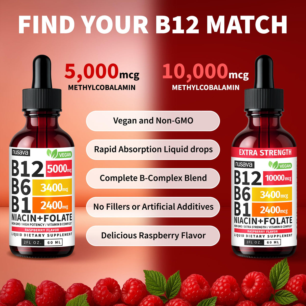 NUSAVA Gouttes Liquides de B12 5000mcg Framboise - Ingrédients