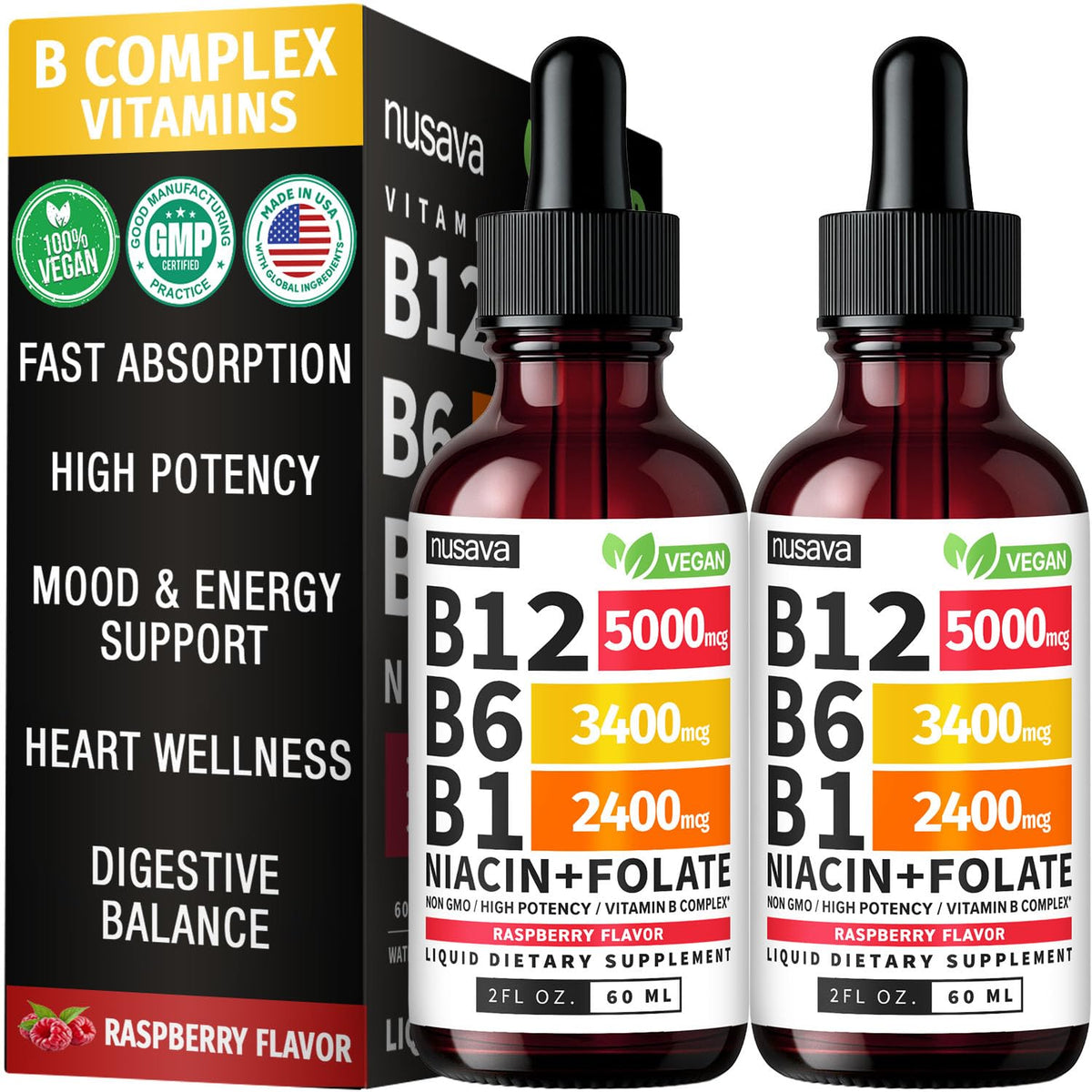 NUSAVA Gouttes Liquides de Vitamine B12 5000mcg Pack de 2