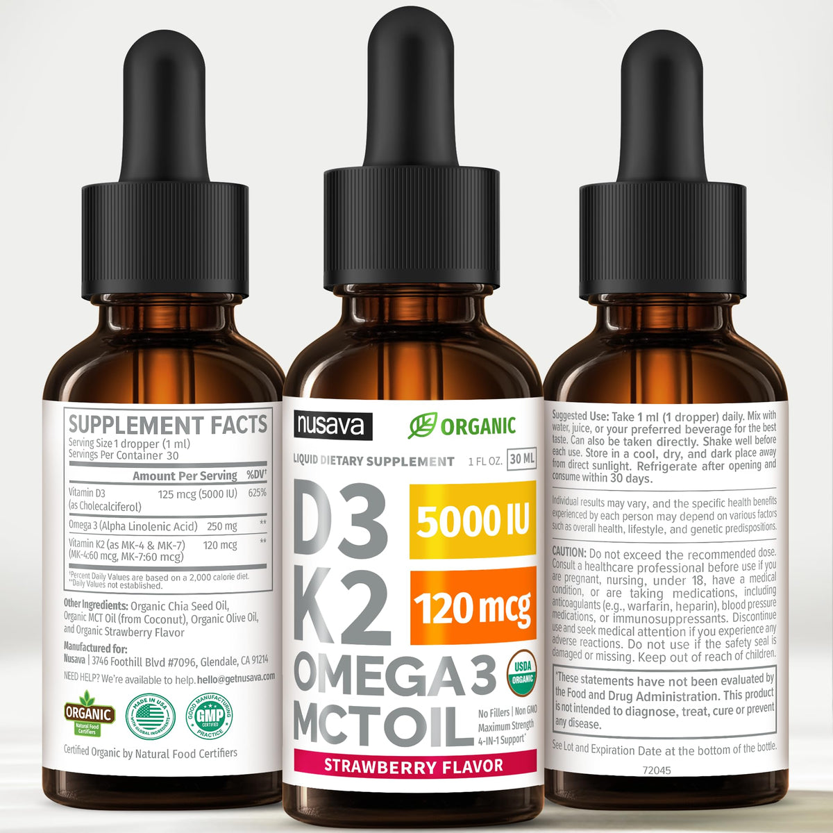 NUSAVA Vitamine D3 K2 5000 IU 4 Fl Oz avec des gouttes visibles