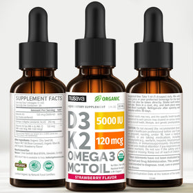 NUSAVA Vitamine D3 K2 5000 IU 4 Fl Oz avec des gouttes visibles