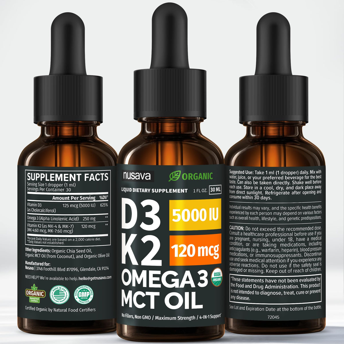 NUSAVA Vitamine D3 K2 5000 IU flacons alignés