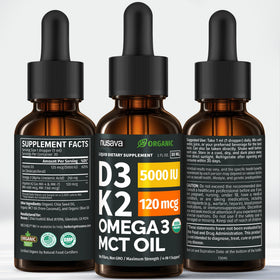 NUSAVA Vitamine D3 K2 5000 IU flacons alignés