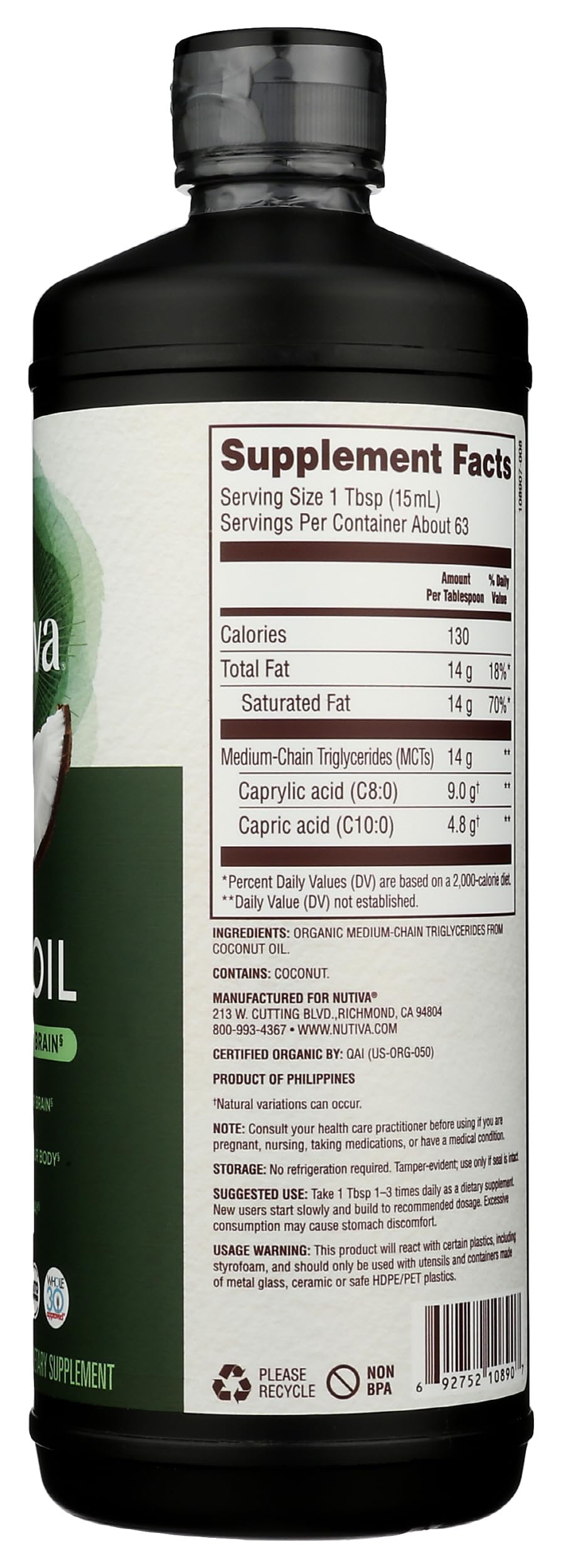 Nutiva Huile MCT Bio 32 Oz avec des ingrédients de cuisine