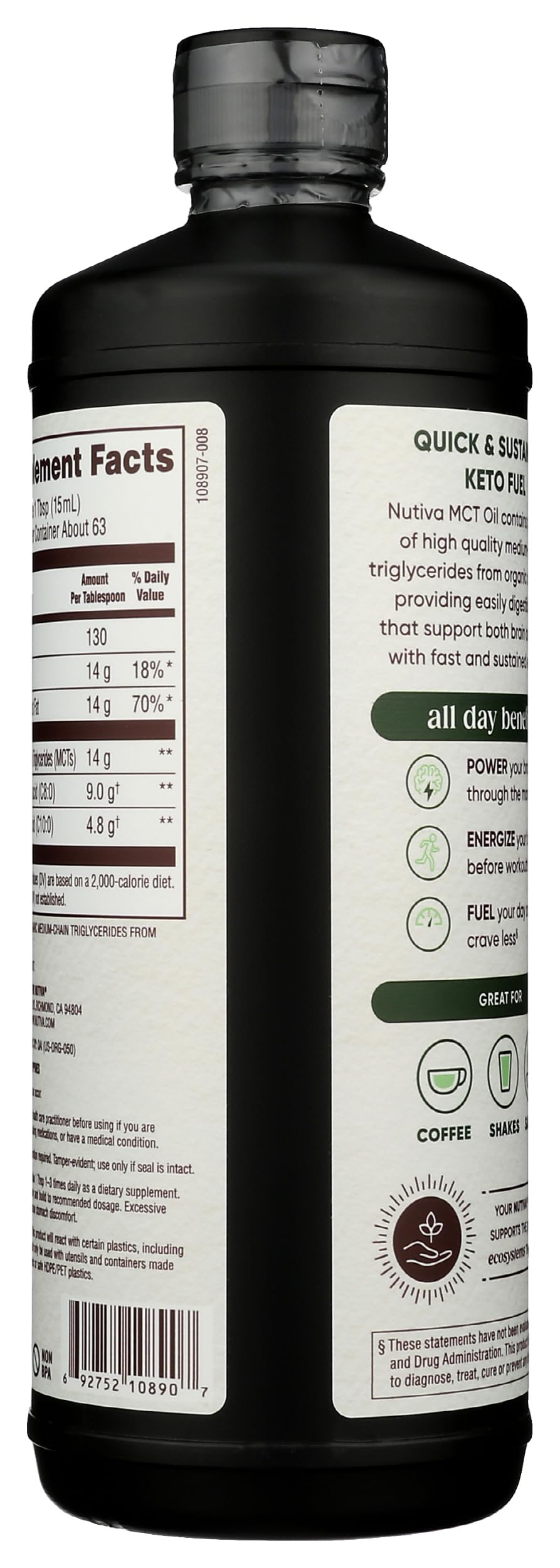 Nutiva Huile MCT Bio 32 Oz vue arrière avec informations nutritionnelles