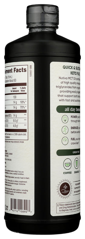 Nutiva Huile MCT Bio 32 Oz vue arrière avec informations nutritionnelles